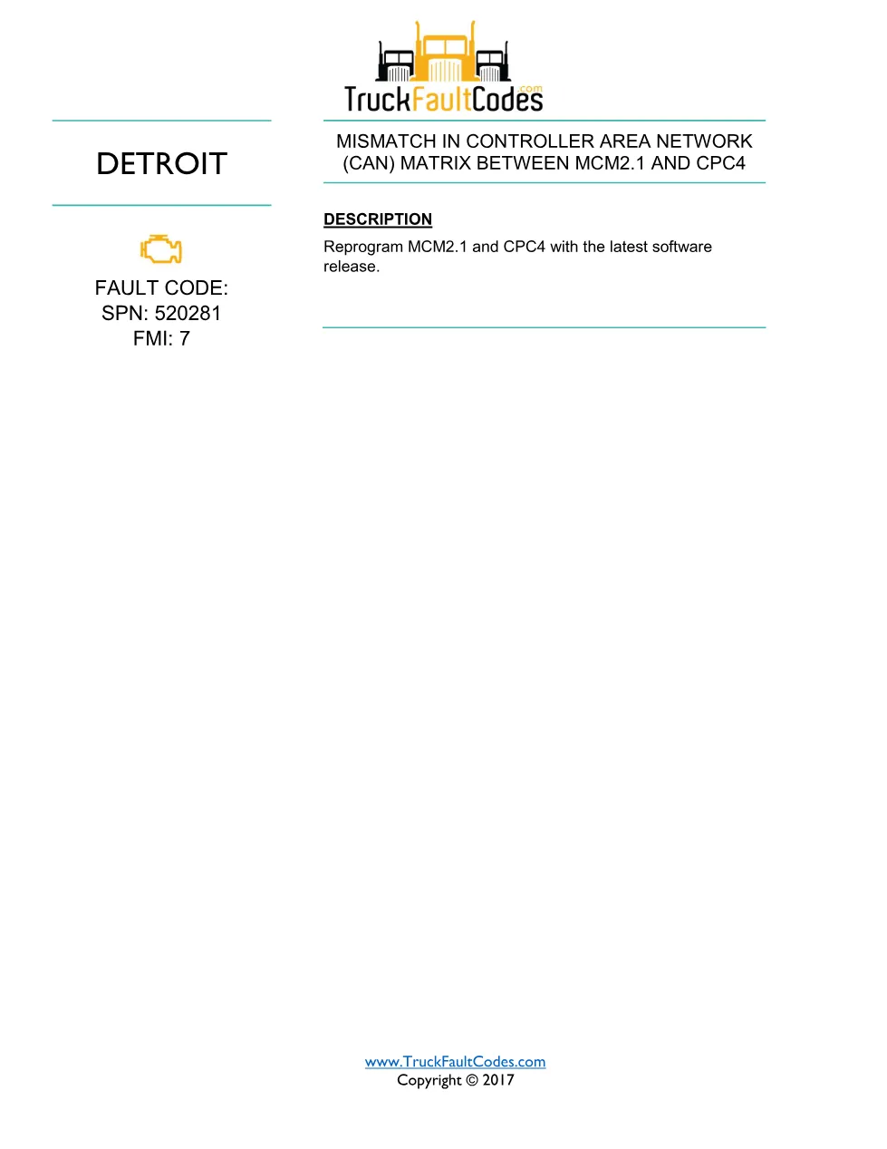 SPN 520281 FMI 7 fault code — Detroit DD Series CAN mismatch PDF - page 1 is available after signing in
