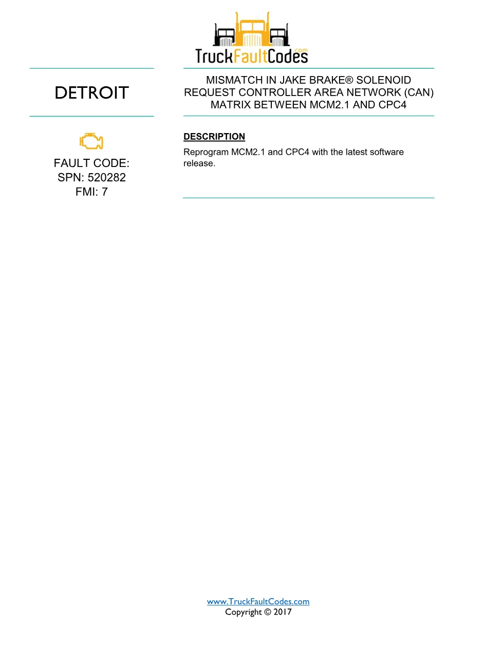 SPN 520282 FMI 7 fault code — Detroit DD Series CAN mismatch PDF - page 1 is available after signing in