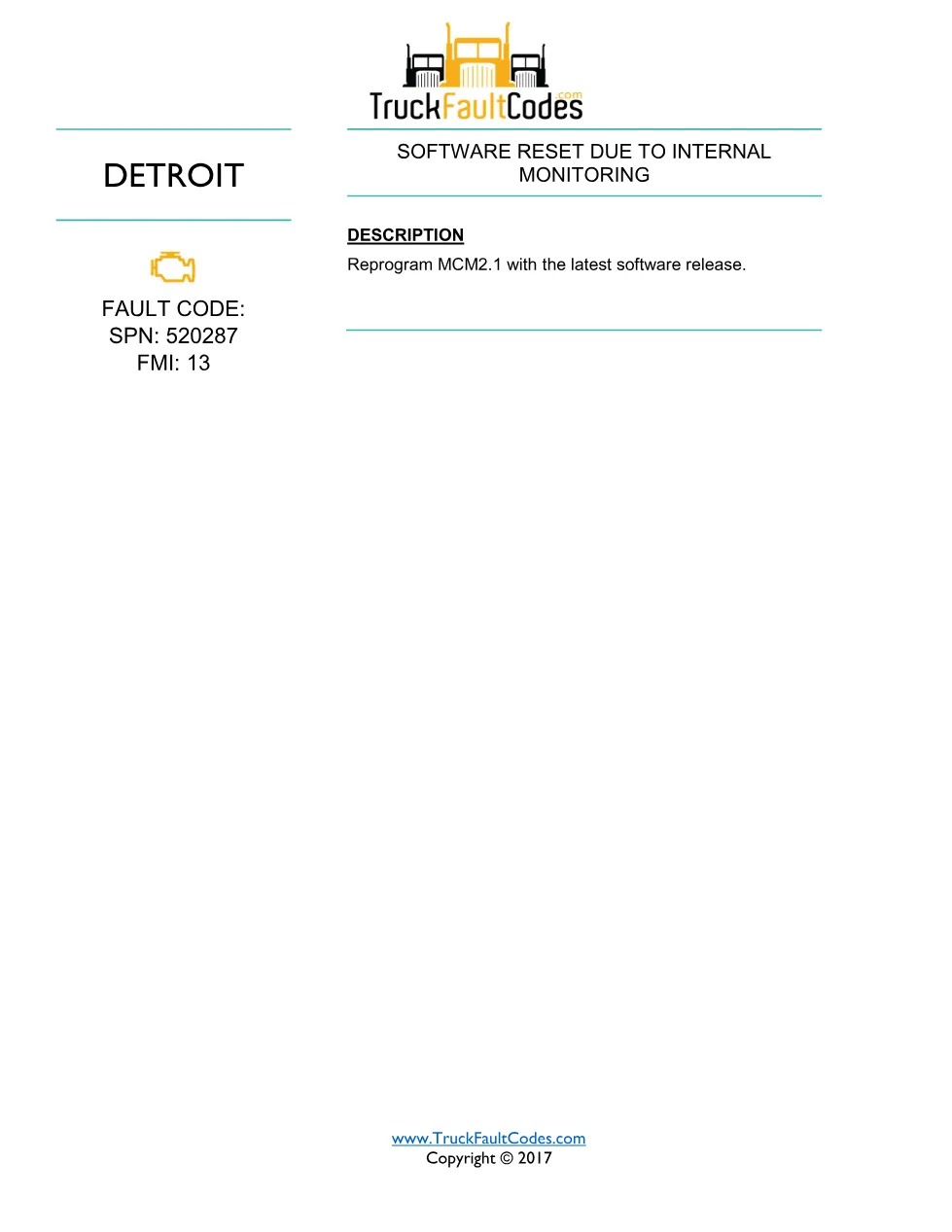 SPN 520287 FMI 13 fault code — Detroit DD Series MCM2.1 PDF (1p) - page 1 is available after signing in