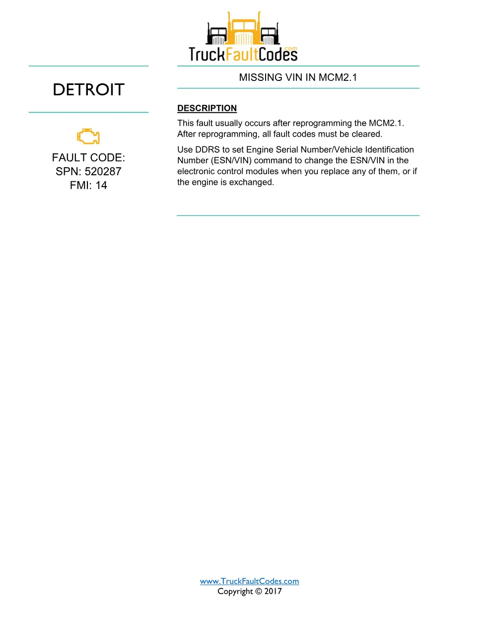 SPN 520287 FMI 14 fault code — Detroit DD Series missing VIN PDF - page 1 is available after signing in