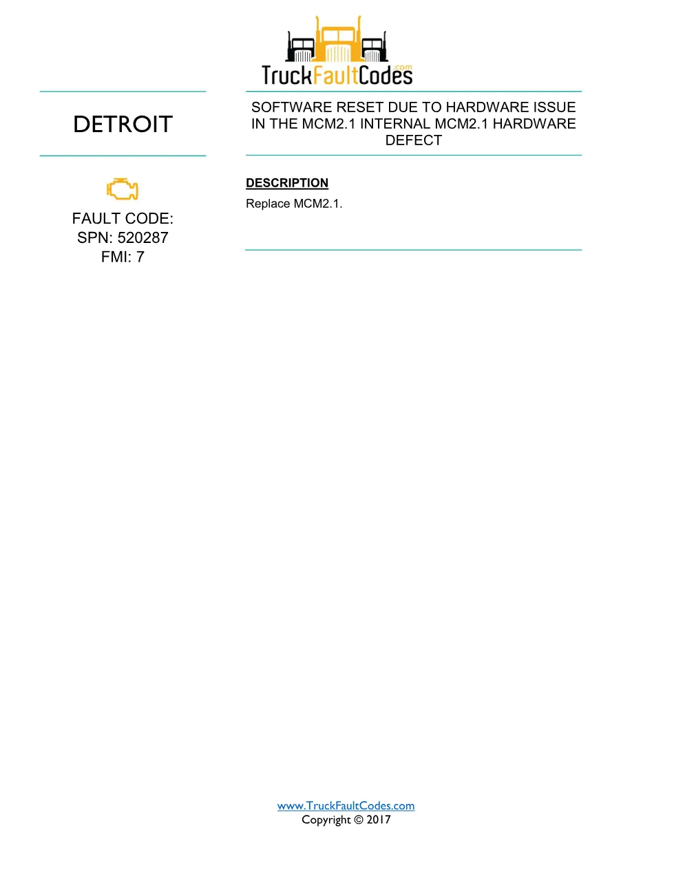 SPN 520287 FMI 7 fault code — Detroit DD Series MCM2.1 PDF (1p) - page 1 is available after signing in