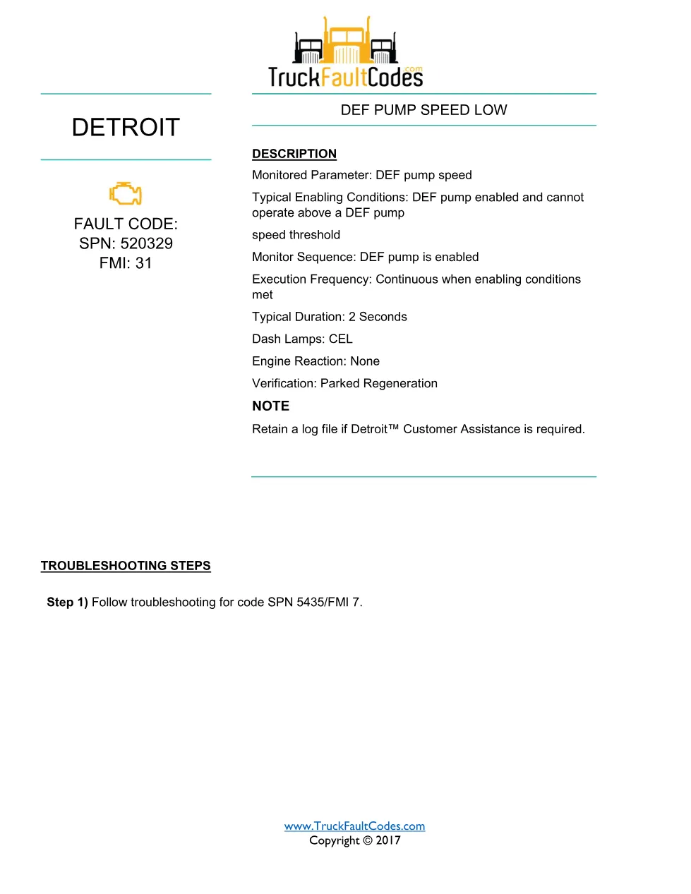 SPN 520329 FMI 31 — Detroit DD Series DEF Pump Speed Low Fault - page 1 is available after signing in