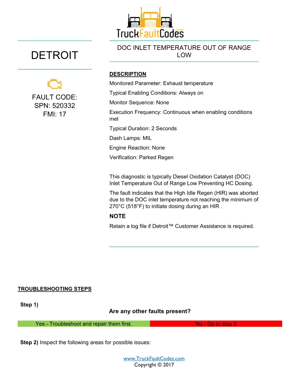 SPN 520332 FMI 17 — Detroit DD Series DOC Inlet Temperature Low - preview page 1 of 2
