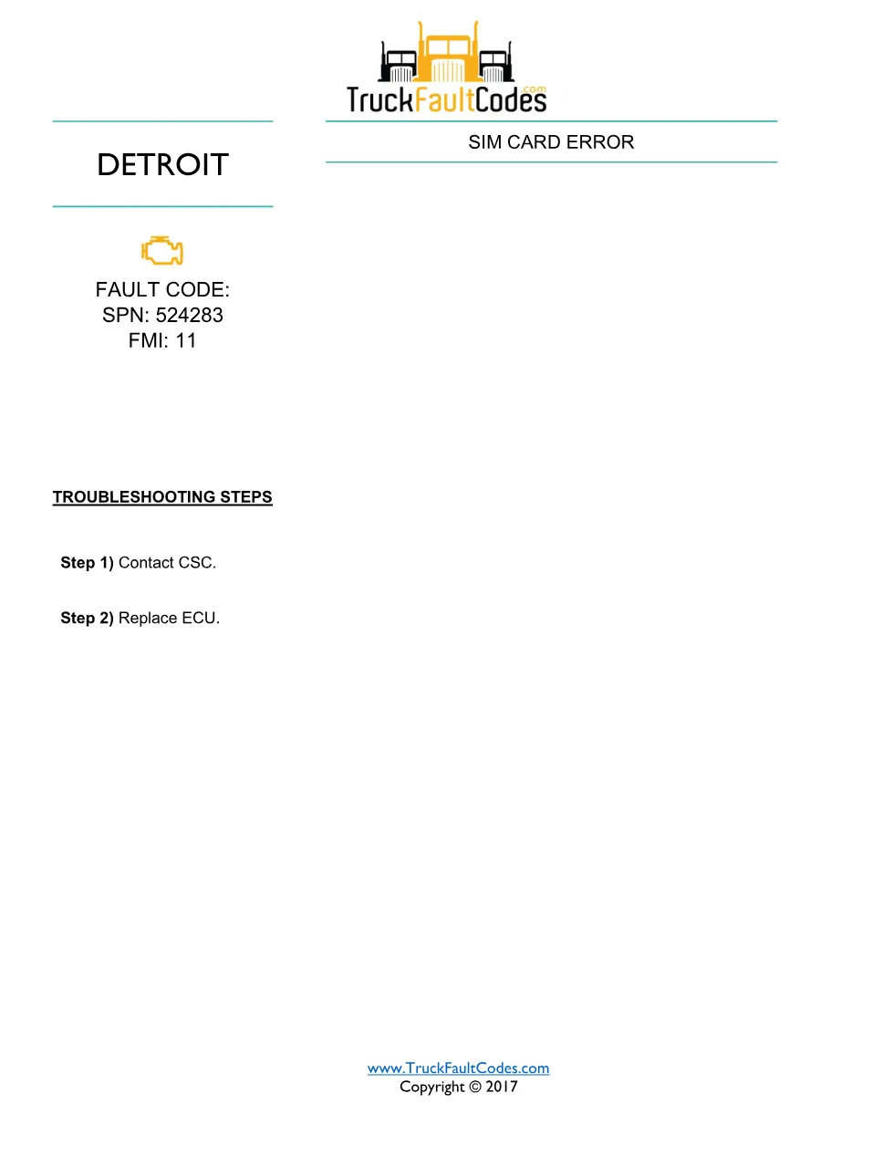 SPN 524283 FMI 11 — Detroit DD Series SIM Card Error Fault Code - page 1 is available after signing in