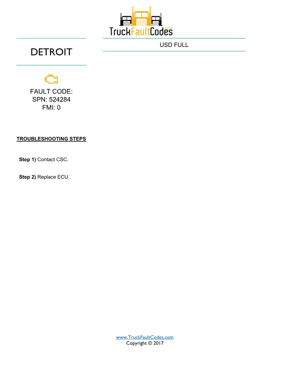 SPN 524284 FMI 0 — Detroit DD Series USD Full Memory Fault Code - page 1 is available after signing in