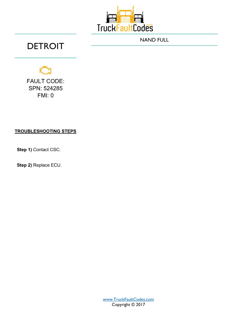 SPN 524285 FMI 0 — Detroit DD Series NAND Full Memory Fault Code - page 1 is available after signing in