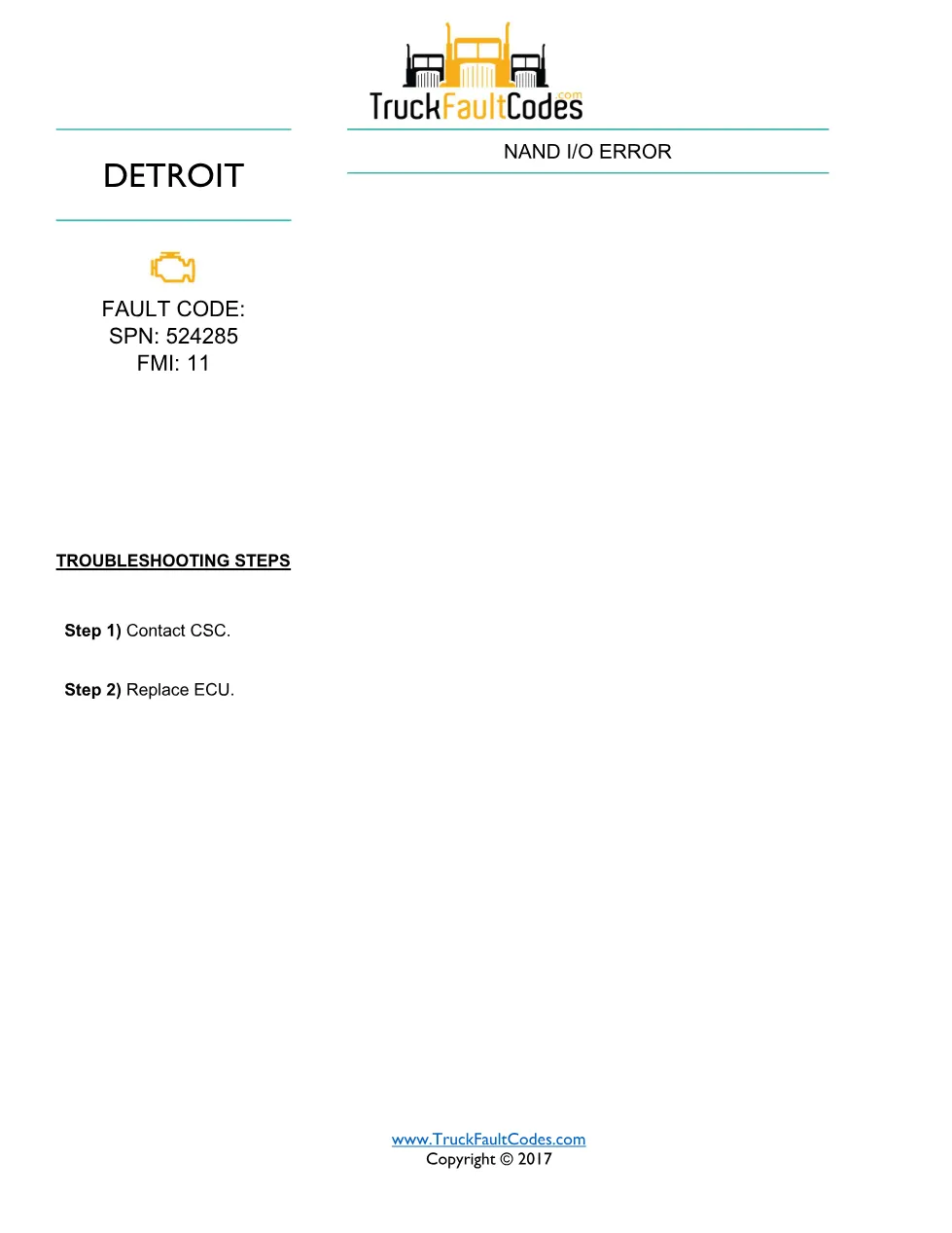 SPN 524285 FMI 11 — Detroit DD Series NAND I/O Error Fault Code - page 1 is available after signing in