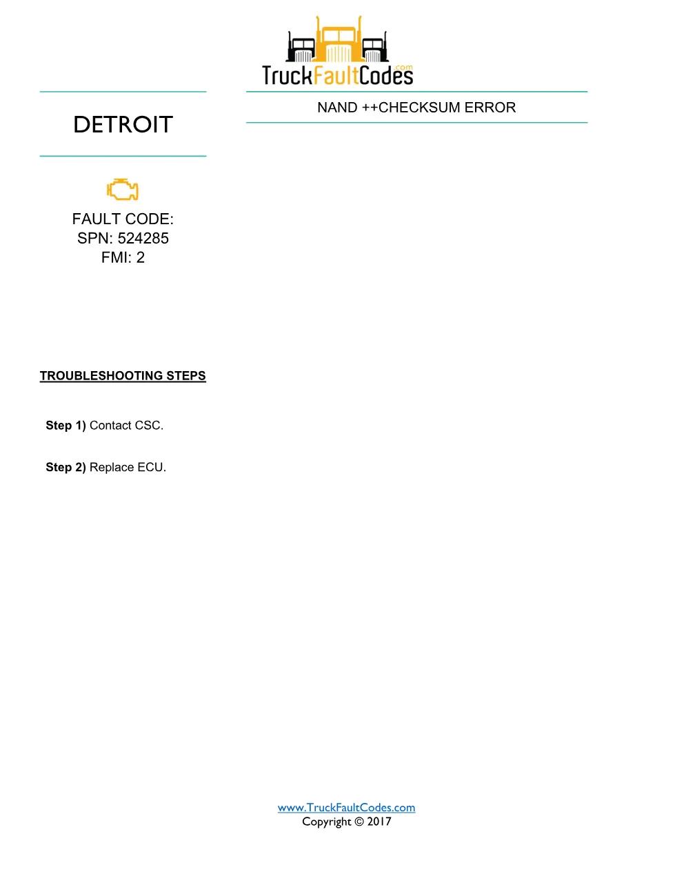SPN 524285 FMI 2 — Detroit DD NAND Checksum Error ECU Fault - page 1 is available after signing in