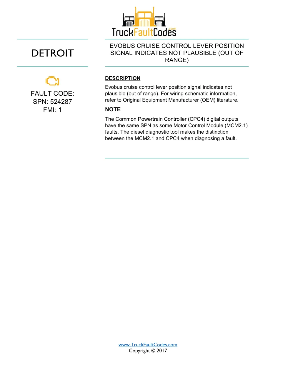 SPN 524287 FMI 1 — Detroit DD Evobus Cruise Control Lever Signal - page 1 is available after signing in