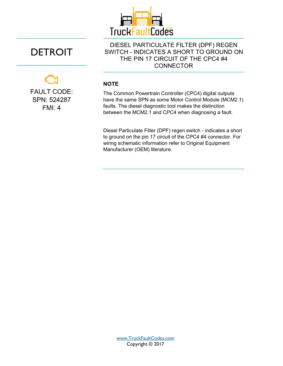 SPN 524289 FMI 4 — Detroit DD DPF Regen Switch Short To Ground - page 1 is available after signing in
