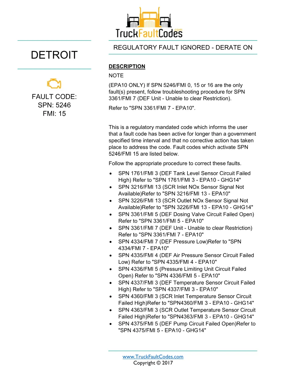 SPN 5246 FMI 15 – Detroit DD Regulatory Fault Ignored, Derate On - preview page 1 of 2