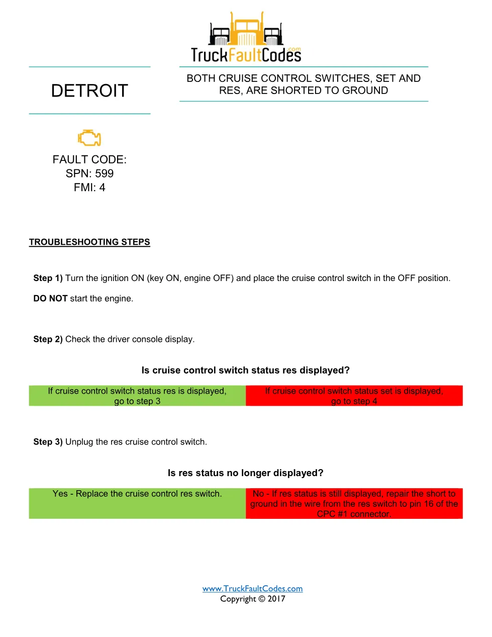 SPN 599 FMI 4 — Detroit DD Series Cruise SET And RES Shorted To - preview page 1 of 2