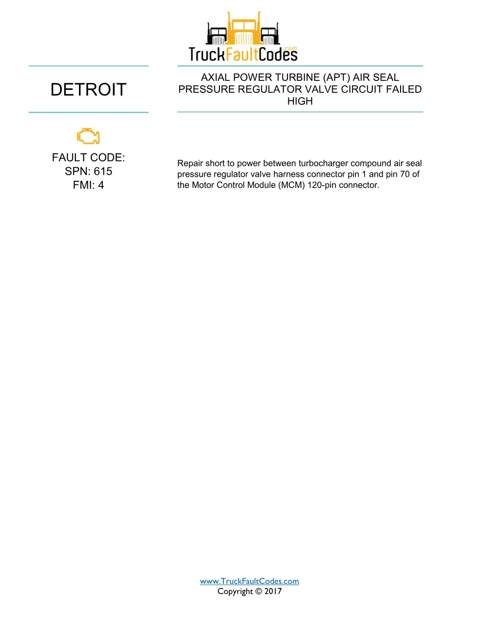 SPN 615 FMI 4 — Detroit DD Series APT Air Seal Valve Circuit High - page 1 is available after signing in