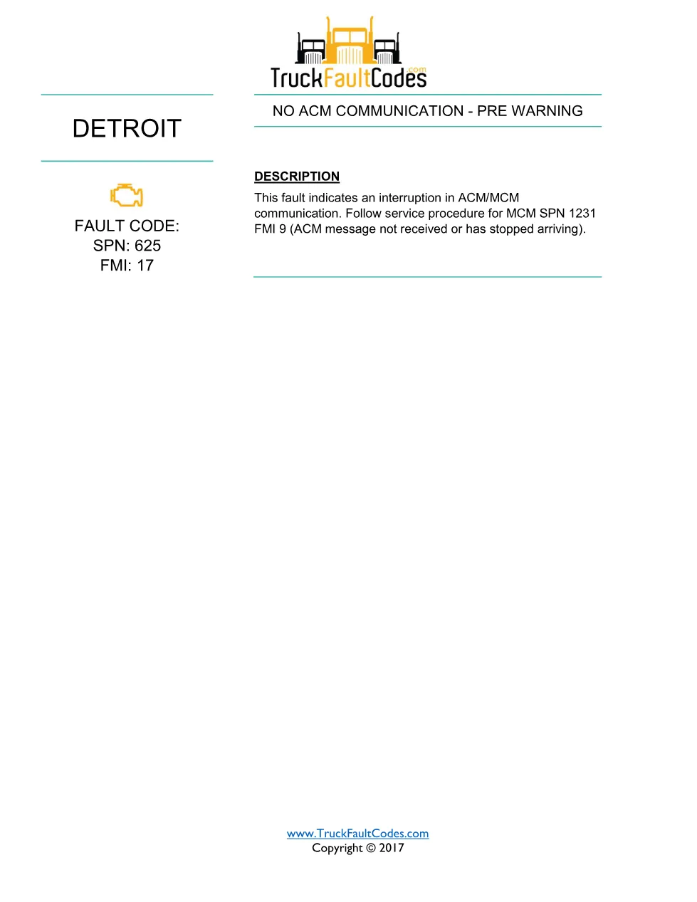 SPN 625 FMI 17 – Detroit DD Series No ACM Communication – 1 pages - page 1 is available after signing in