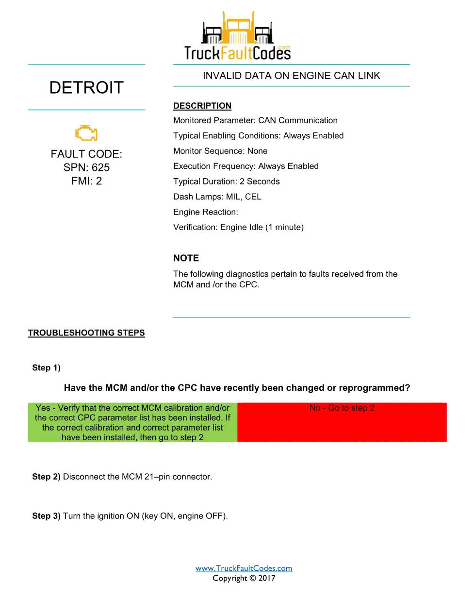 SPN 625 FMI 2 — Detroit DD Series Invalid Data On Engine CAN Link - preview page 1 of 3