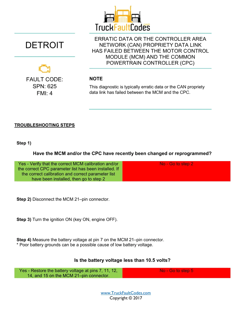SPN 625 FMI 4 — Detroit DD Series MCM/CPC CAN Data Link Fault - preview page 1 of 3