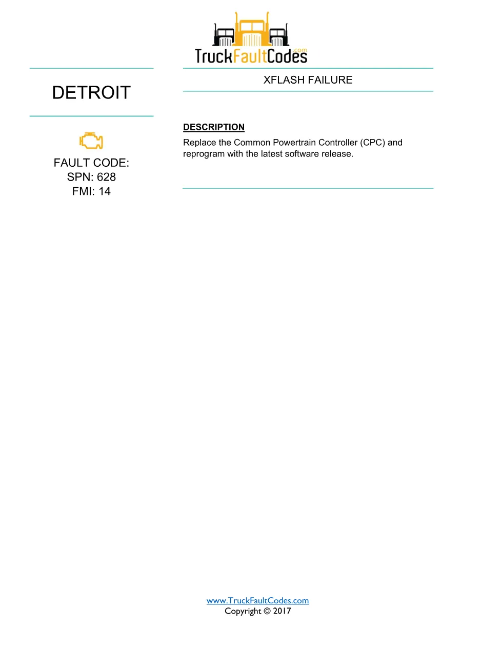 SPN 628 FMI 14 – Detroit DD Series XFLASH Failure Fault Code PDF - page 1 is available after signing in