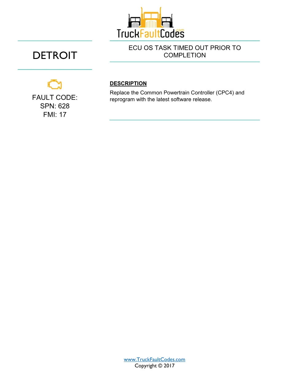 SPN 628 FMI 17 – Detroit DD Series ECU OS Task Timed Out Prior to - page 1 is available after signing in