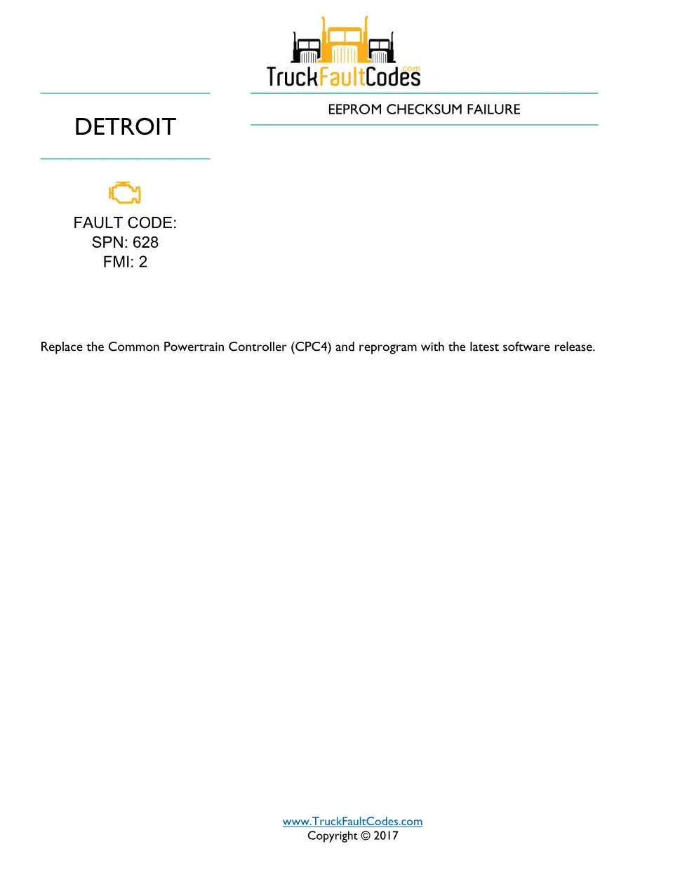 SPN 628 FMI 2 – Detroit DD Series EEPROM Checksum Failure Fault - page 1 is available after signing in