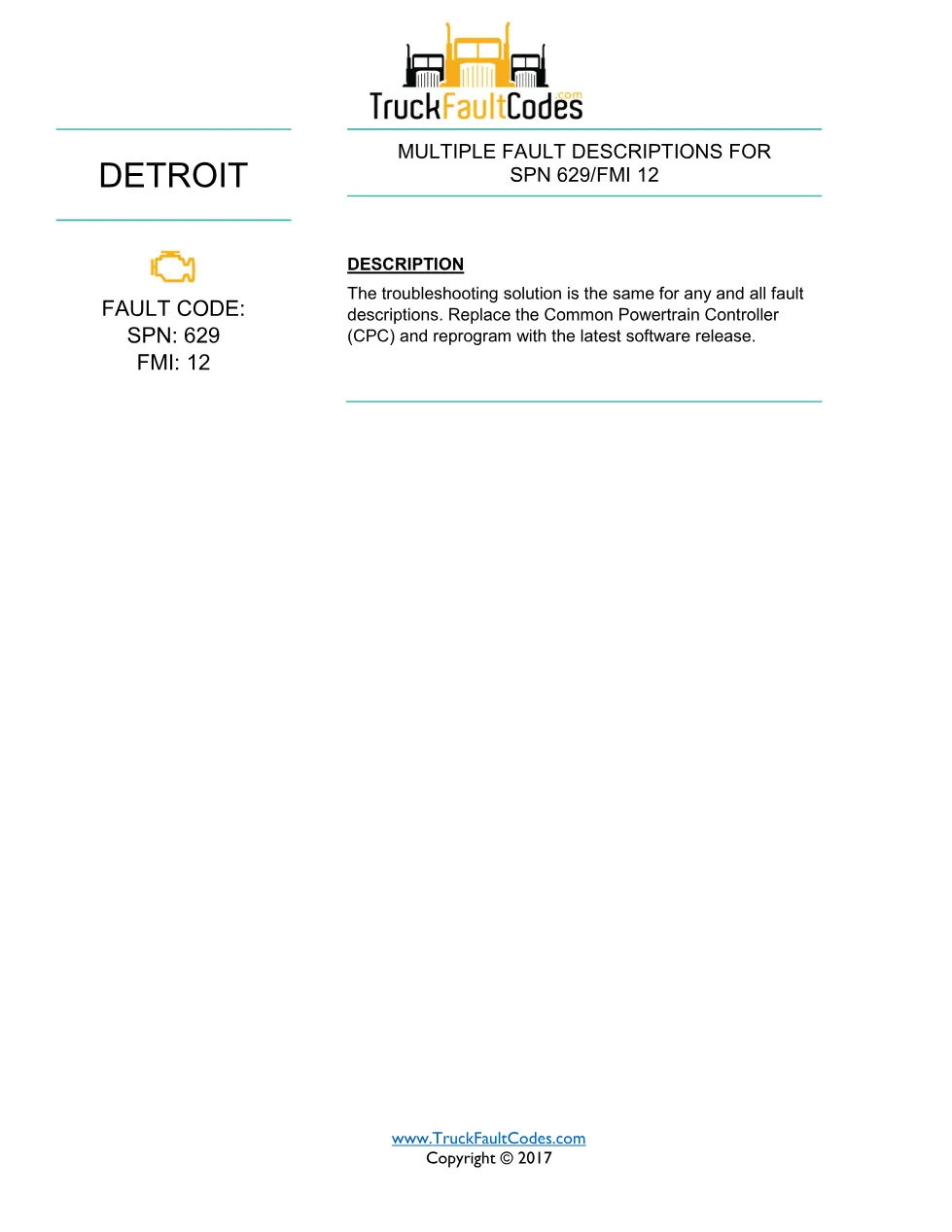 SPN 629 FMI 12 – Detroit DD Series Multiple Fault Descriptions - page 1 is available after signing in