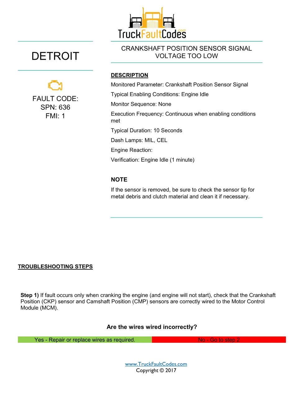 SPN 636 FMI 1 – Detroit DD Series Crankshaft Position Sensor - preview page 1 of 2