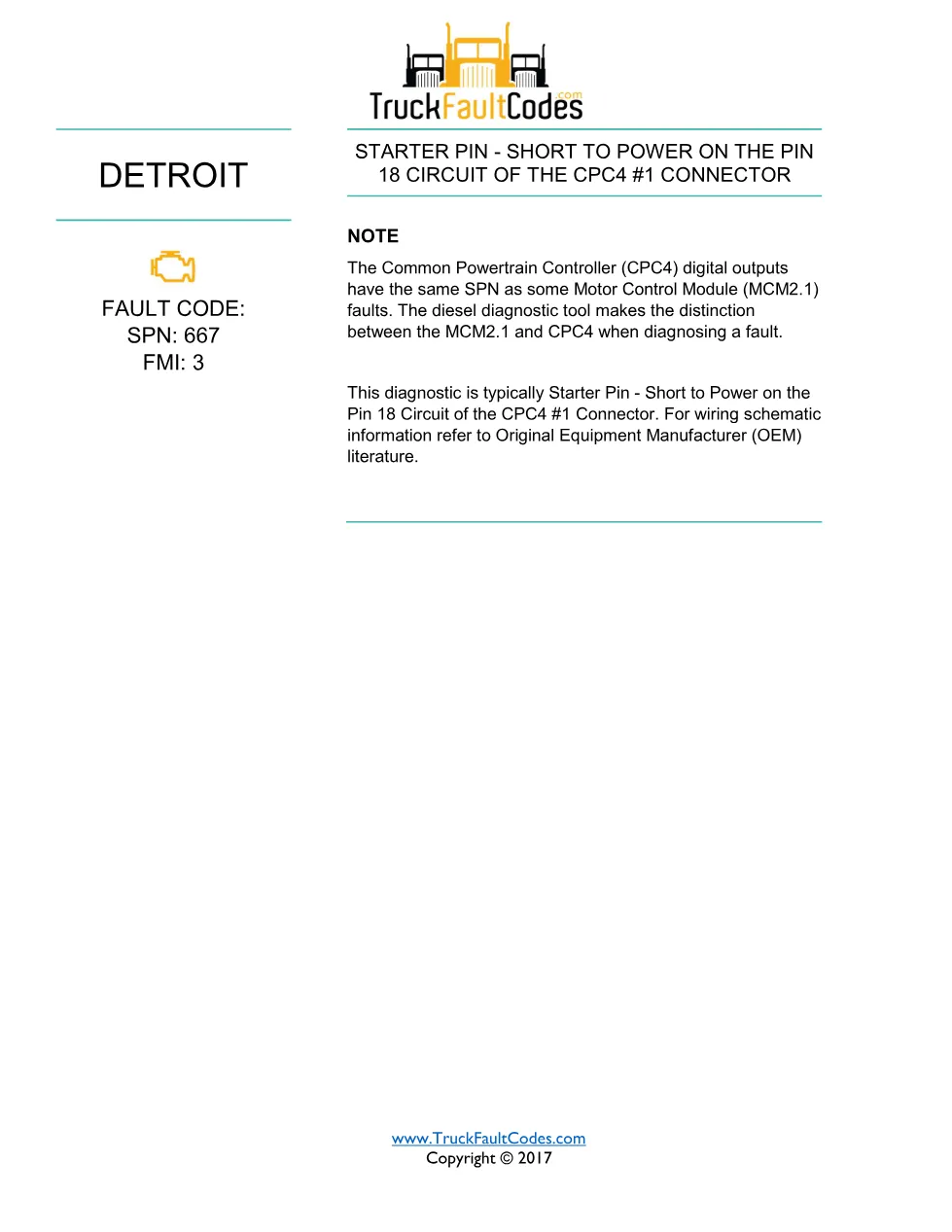 SPN 667 FMI 3 — Detroit DD Series Starter Pin Short To Power - page 1 is available after signing in