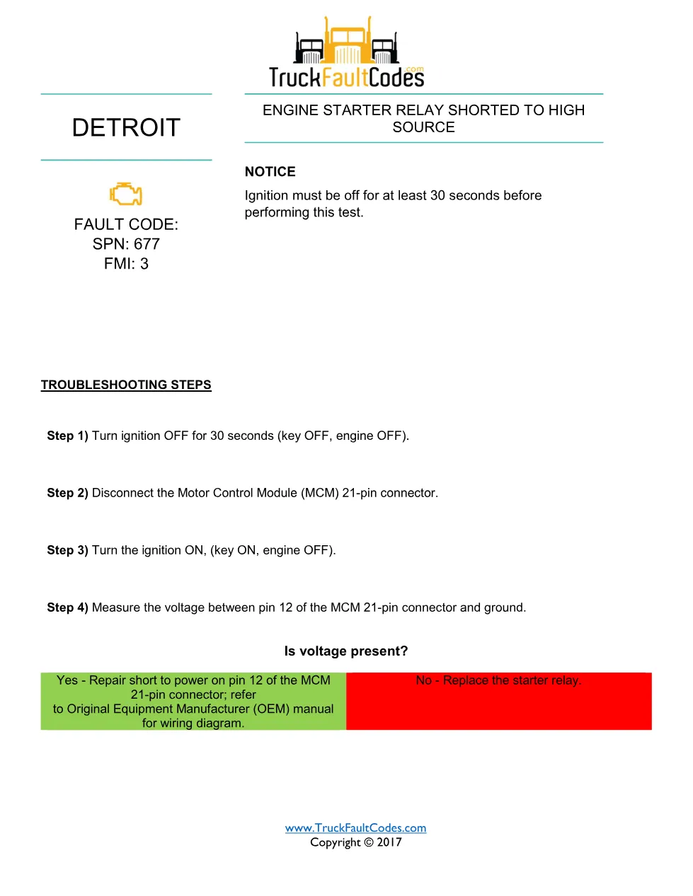 SPN 677 FMI 3 — Detroit DD Series Engine Starter Relay Shorted - page 1 is available after signing in
