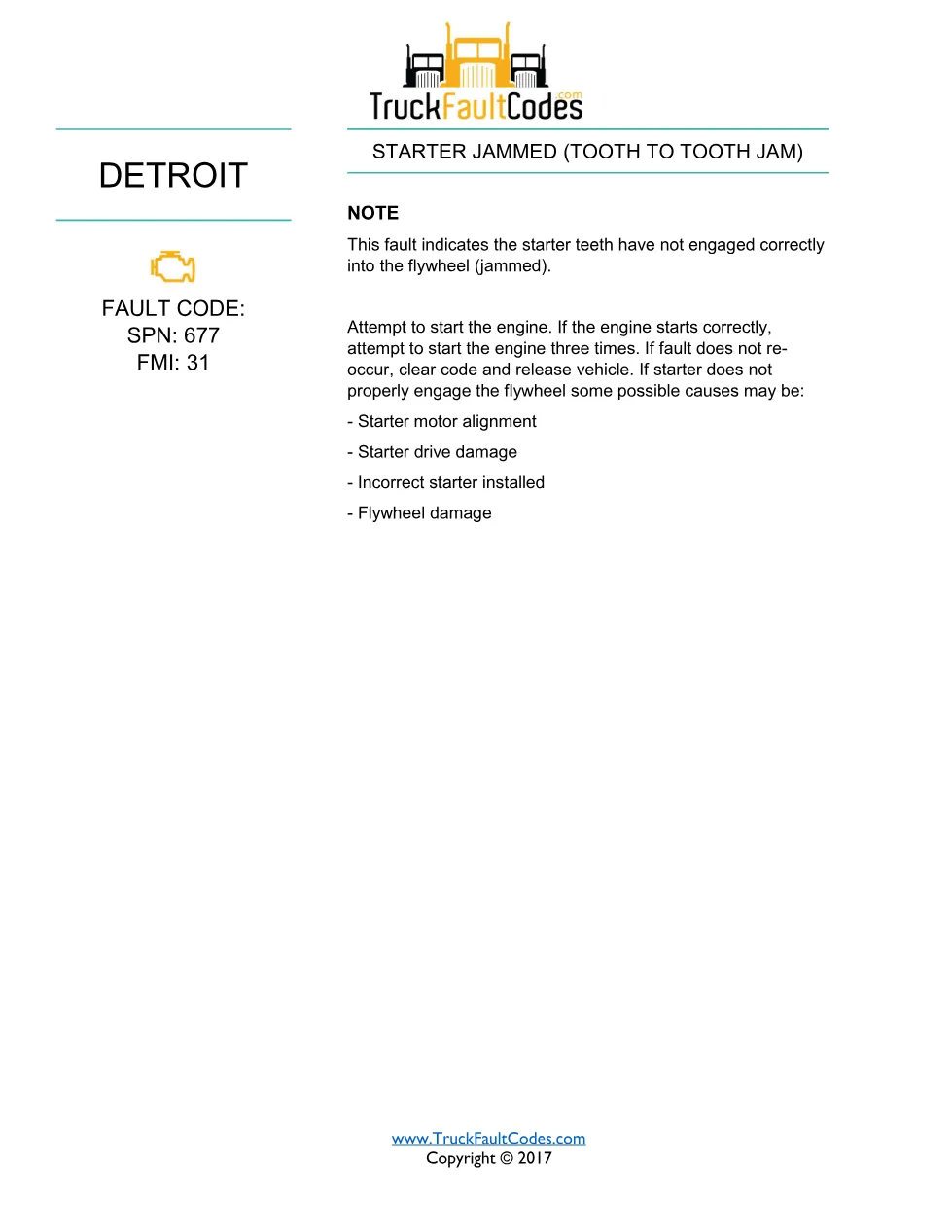 SPN 677 FMI 31 — Detroit DD Series Starter Jammed Tooth To Tooth - page 1 is available after signing in