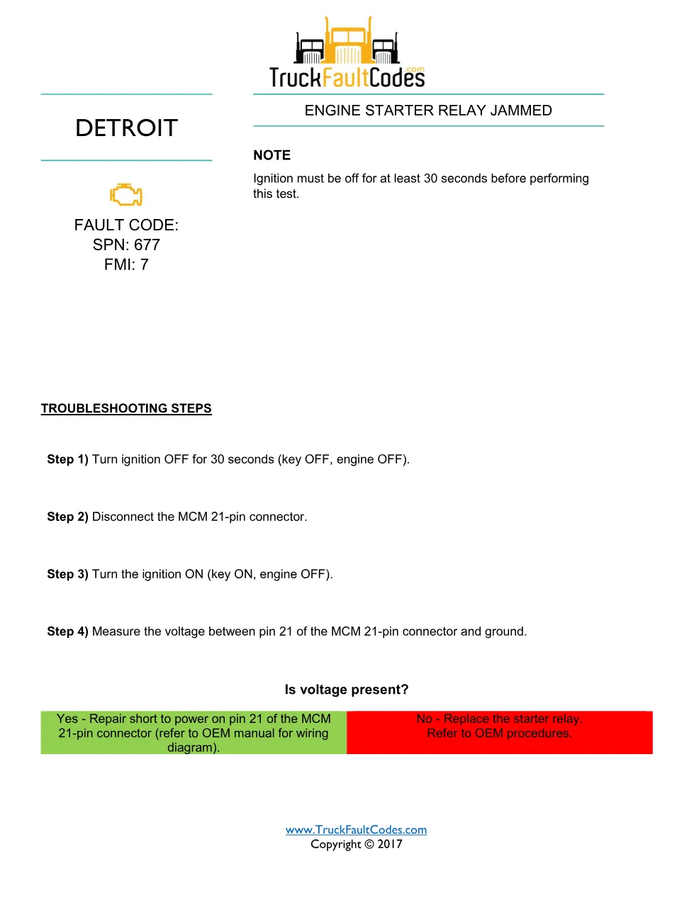 SPN 677 FMI 7 — Detroit DD Series Engine Starter Relay Jammed - page 1 is available after signing in
