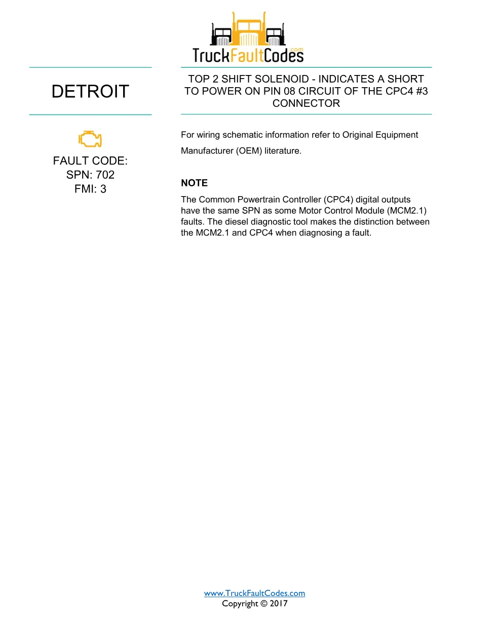 SPN 701 FMI 3 — Detroit DD Series Top 2 Shift Solenoid Short To - page 1 is available after signing in