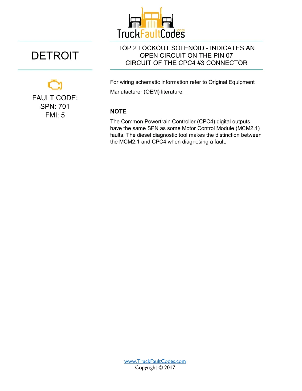 SPN 701 FMI 5 — Detroit DD Series Top 2 Lockout Solenoid Open - page 1 is available after signing in