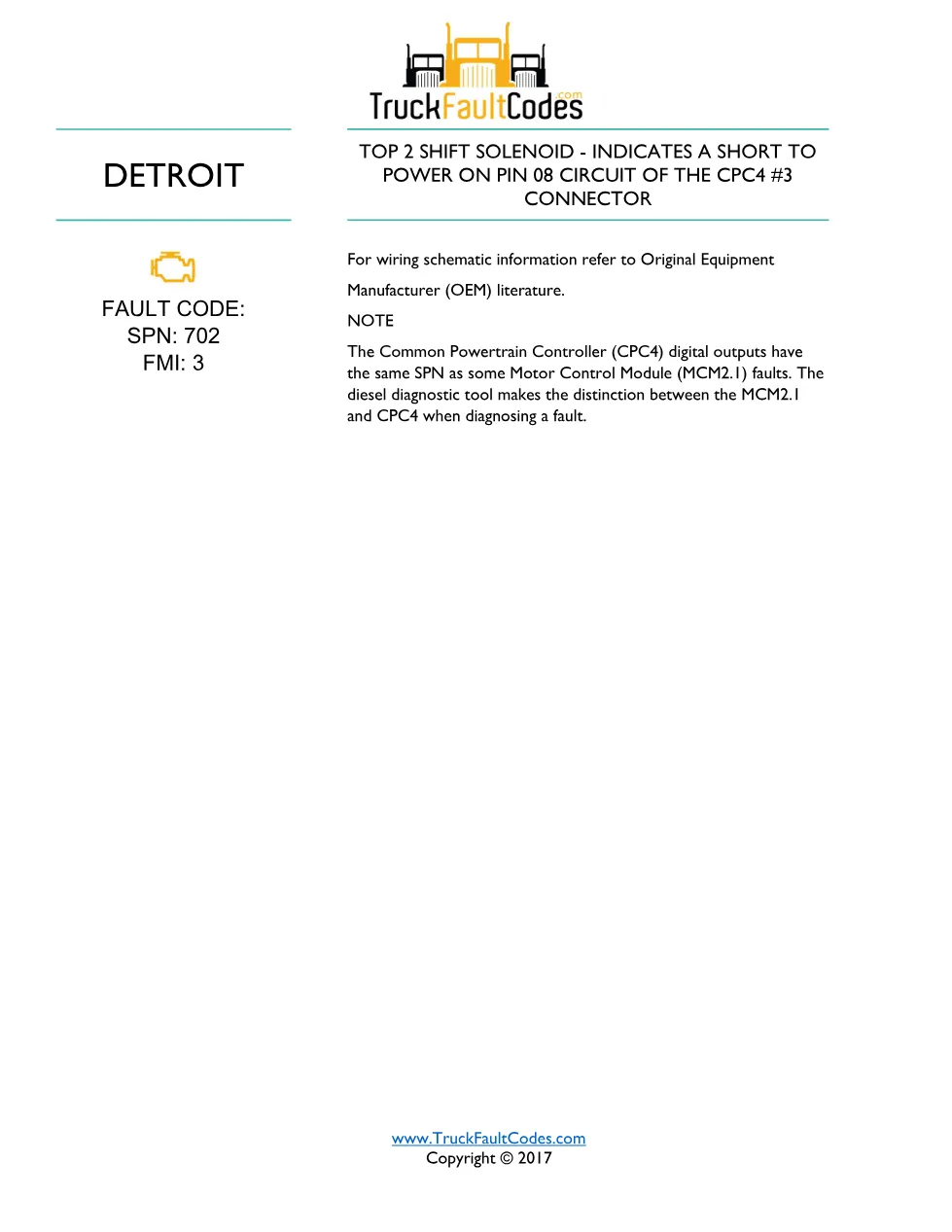 SPN 702 FMI 3 — Detroit DD Series Top 2 Shift Solenoid Short To - page 1 is available after signing in