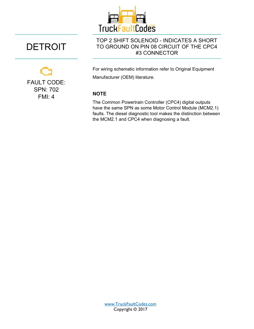 SPN 702 FMI 4 Detroit Top 2 Shift Solenoid Fault Code – PDF, 1 - page 1 is available after signing in