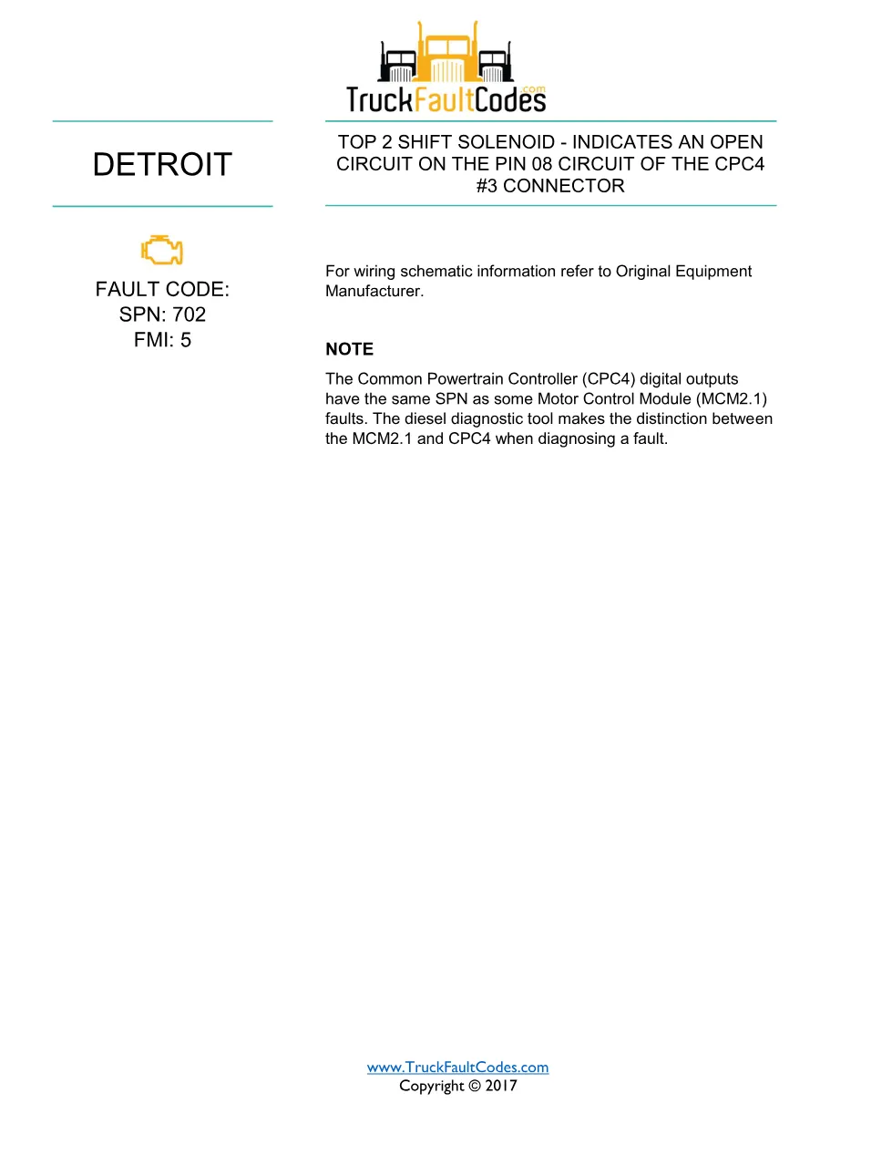 SPN 702 FMI 5 Detroit Top 2 Shift Solenoid Fault Code – PDF, 1 - page 1 is available after signing in