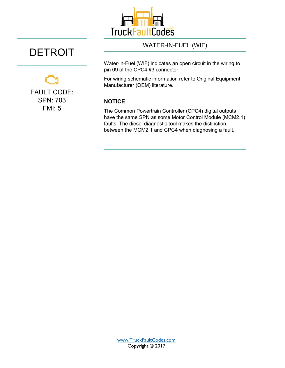SPN 703 FMI 5 Detroit Water-in-Fuel (WIF) Sensor Fault Code - page 1 is available after signing in