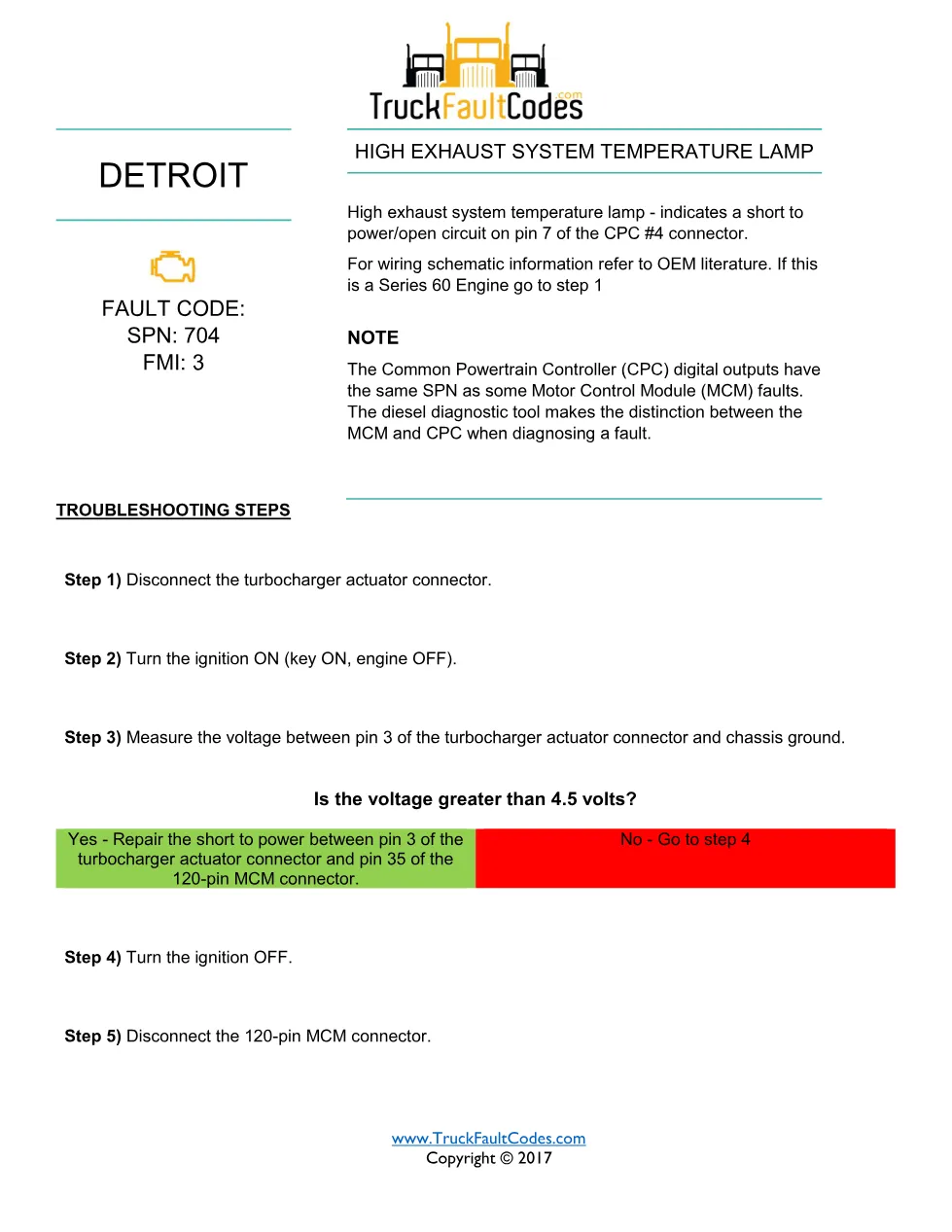 SPN 704 FMI 3 Detroit High Exhaust System Temperature Lamp Fault - preview page 1 of 2