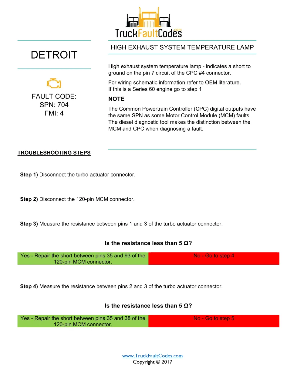 SPN 704 FMI 4 Detroit High Exhaust System Temperature Lamp Fault - preview page 1 of 2