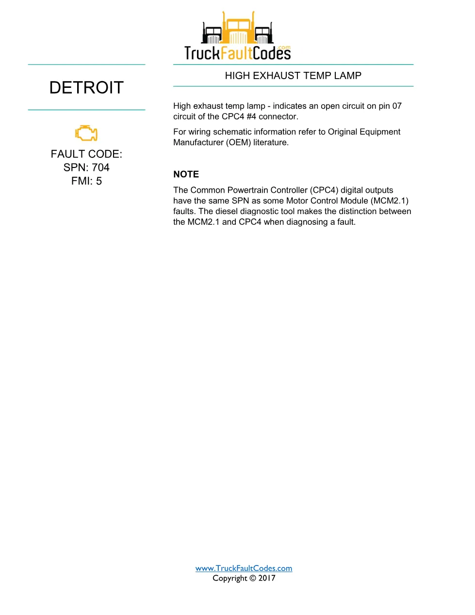 SPN 704 FMI 5 Detroit High Exhaust Temp Lamp Fault Code – PDF, 1 - page 1 is available after signing in