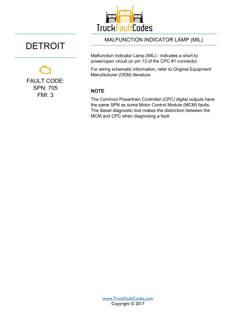 SPN 705 FMI 3 Detroit Malfunction Indicator Lamp Fault Code - page 1 is available after signing in