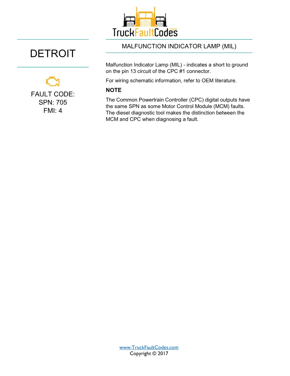 SPN 705 FMI 4 Detroit Malfunction Indicator Lamp Fault Code - page 1 is available after signing in