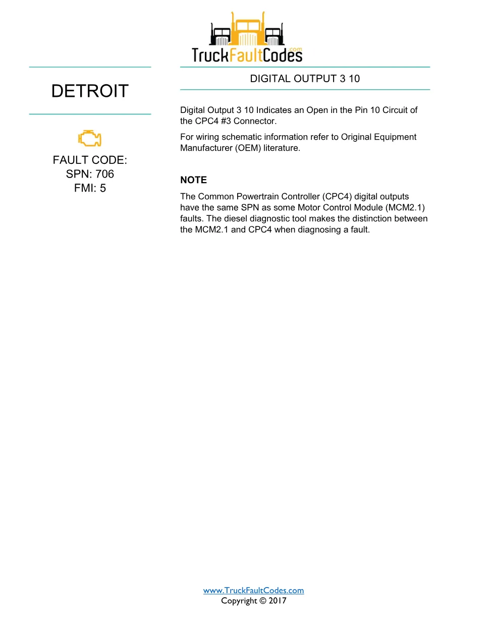 SPN 706 FMI 5 Detroit Digital Output 3-10 Fault Code – PDF, 1 - page 1 is available after signing in