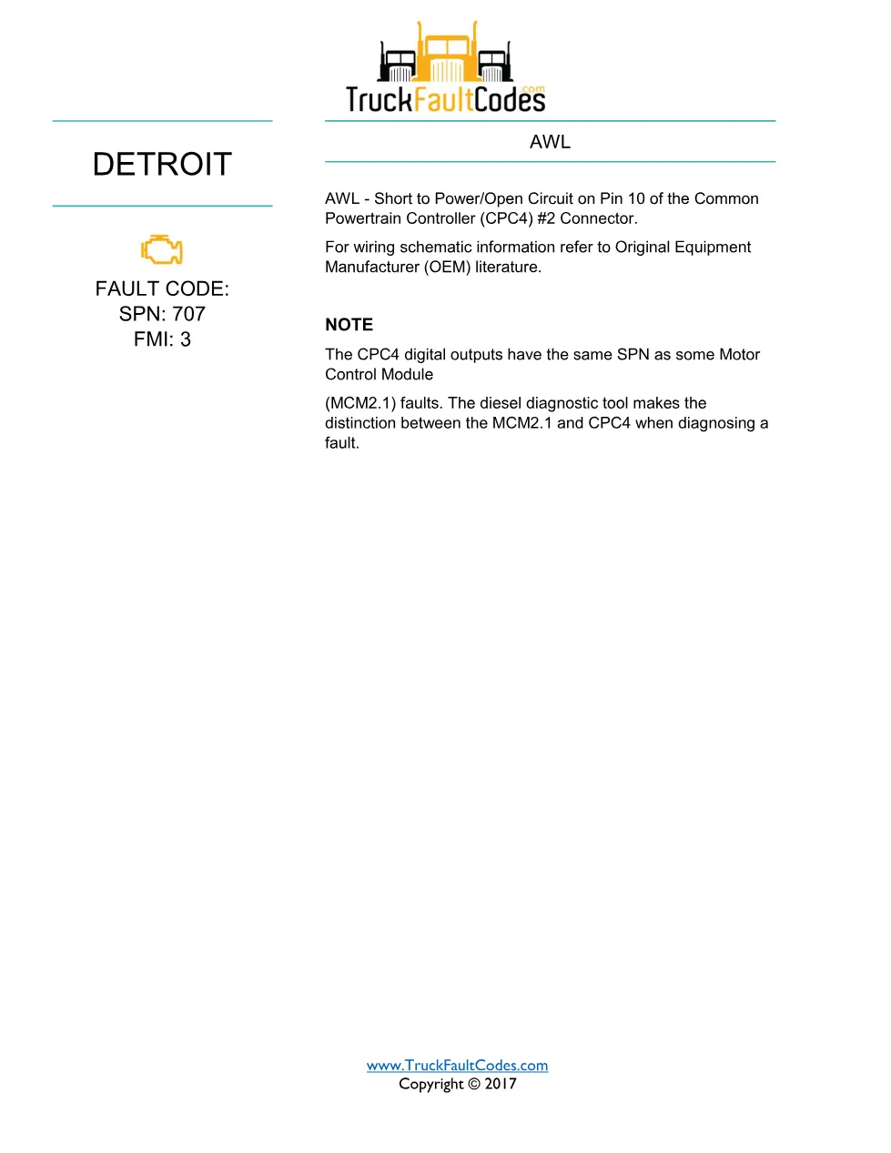 SPN 707 FMI 3 Detroit Amber Warning Lamp Fault Code – PDF, 1 page - page 1 is available after signing in