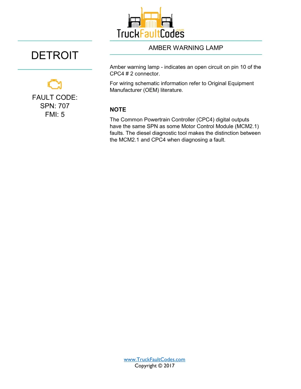 SPN 707 FMI 5 Detroit Amber Warning Lamp Fault Code – PDF, 1 page - page 1 is available after signing in