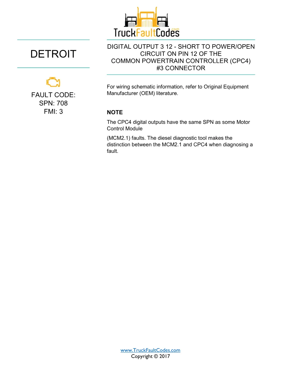SPN 708 FMI 3 Detroit Digital Output 3-12 Fault Code – PDF, 1 - page 1 is available after signing in