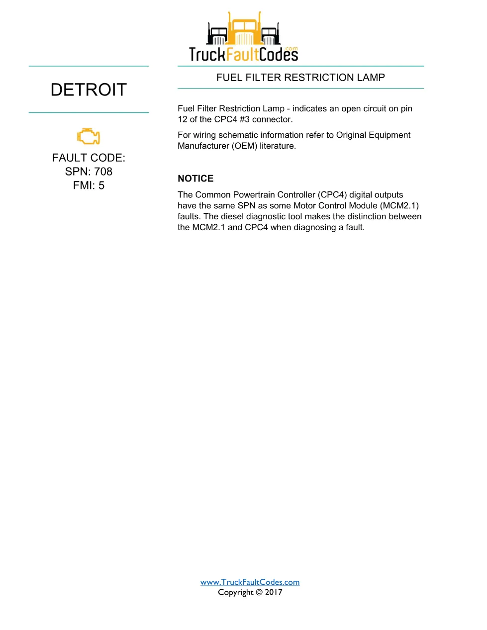 SPN 708 FMI 5 Detroit Fuel Filter Restriction Lamp Fault Code - page 1 is available after signing in