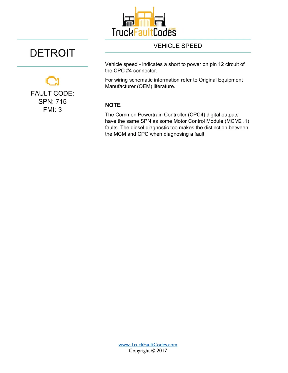 SPN 715 FMI 3 — Detroit DD Series Vehicle Speed Short To Power - page 1 is available after signing in