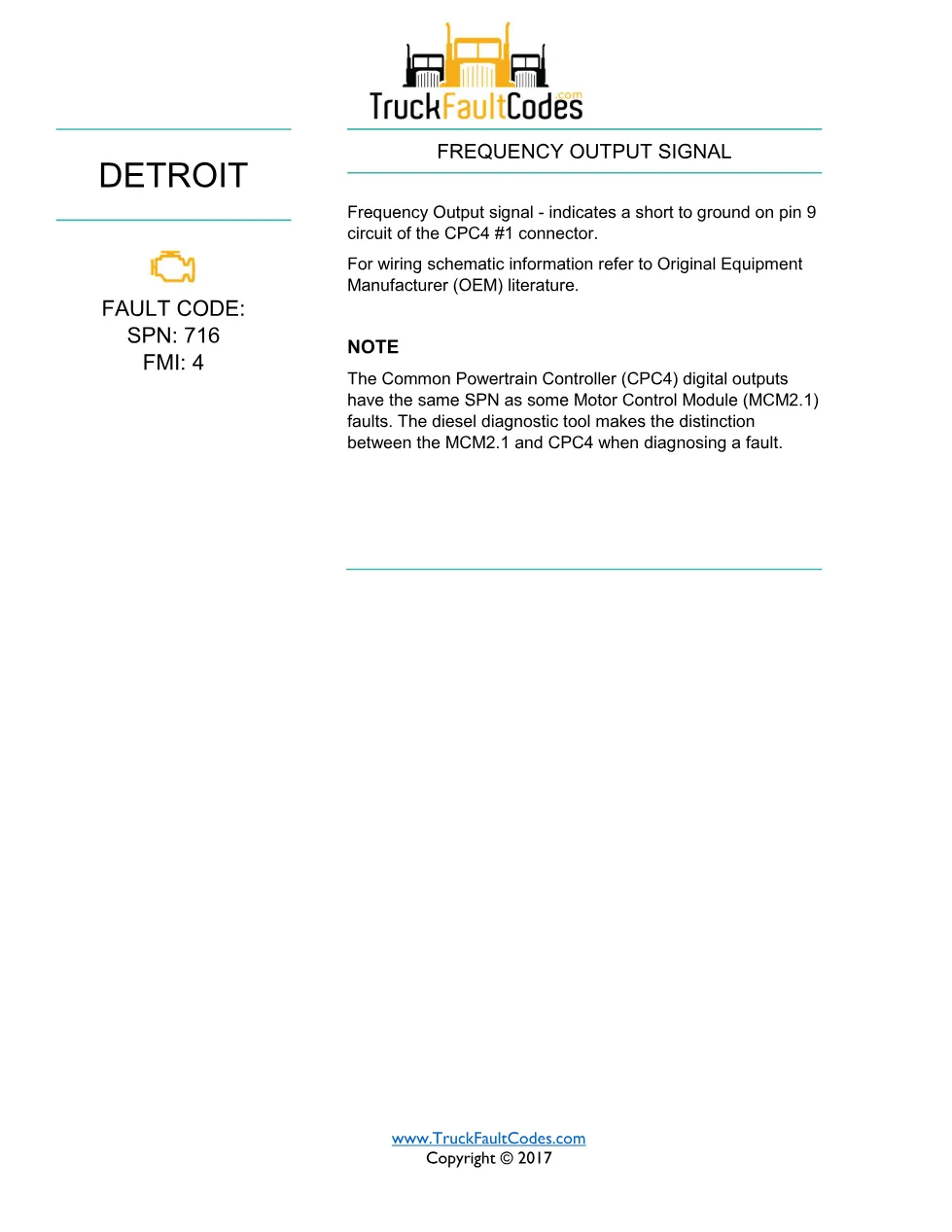 SPN 716 FMI 4 — Detroit DD Series Frequency Output Signal Short - page 1 is available after signing in