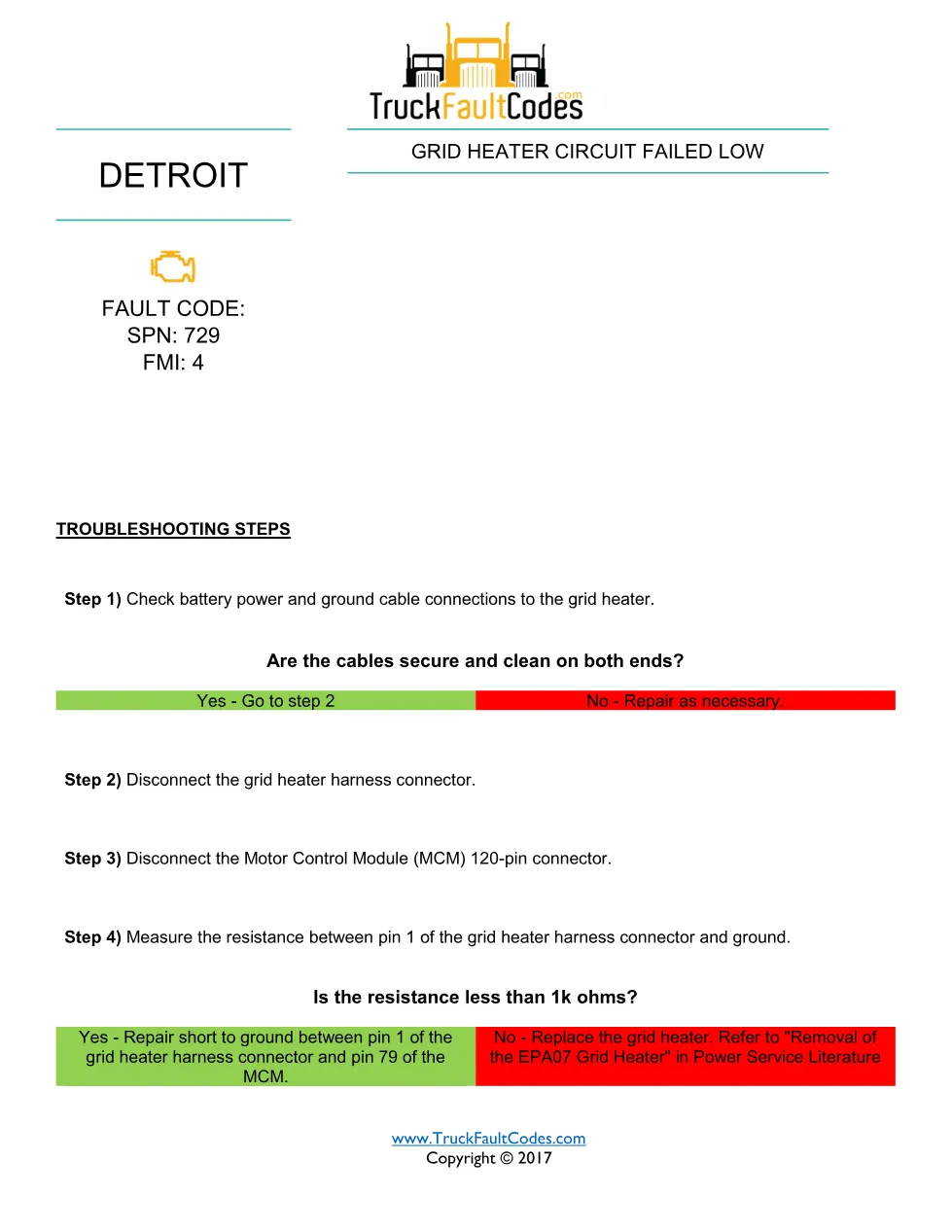 SPN 729 FMI 4 — Detroit DD Series Grid Heater Circuit Failed Low - page 1 is available after signing in