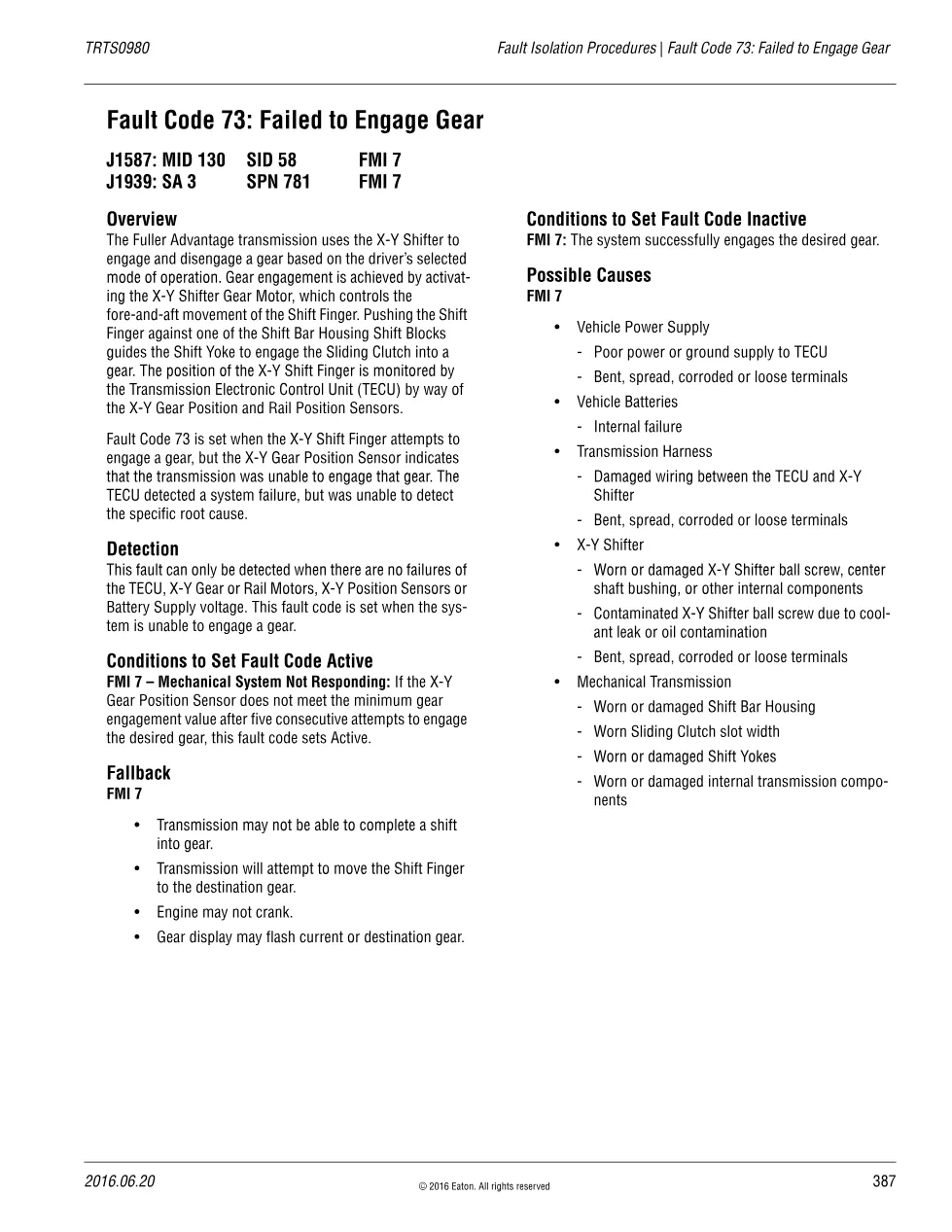 SPN 781 FMI 7 — Eaton Fuller Advantage Fault Code 73 Failed to - preview page 1 of 3