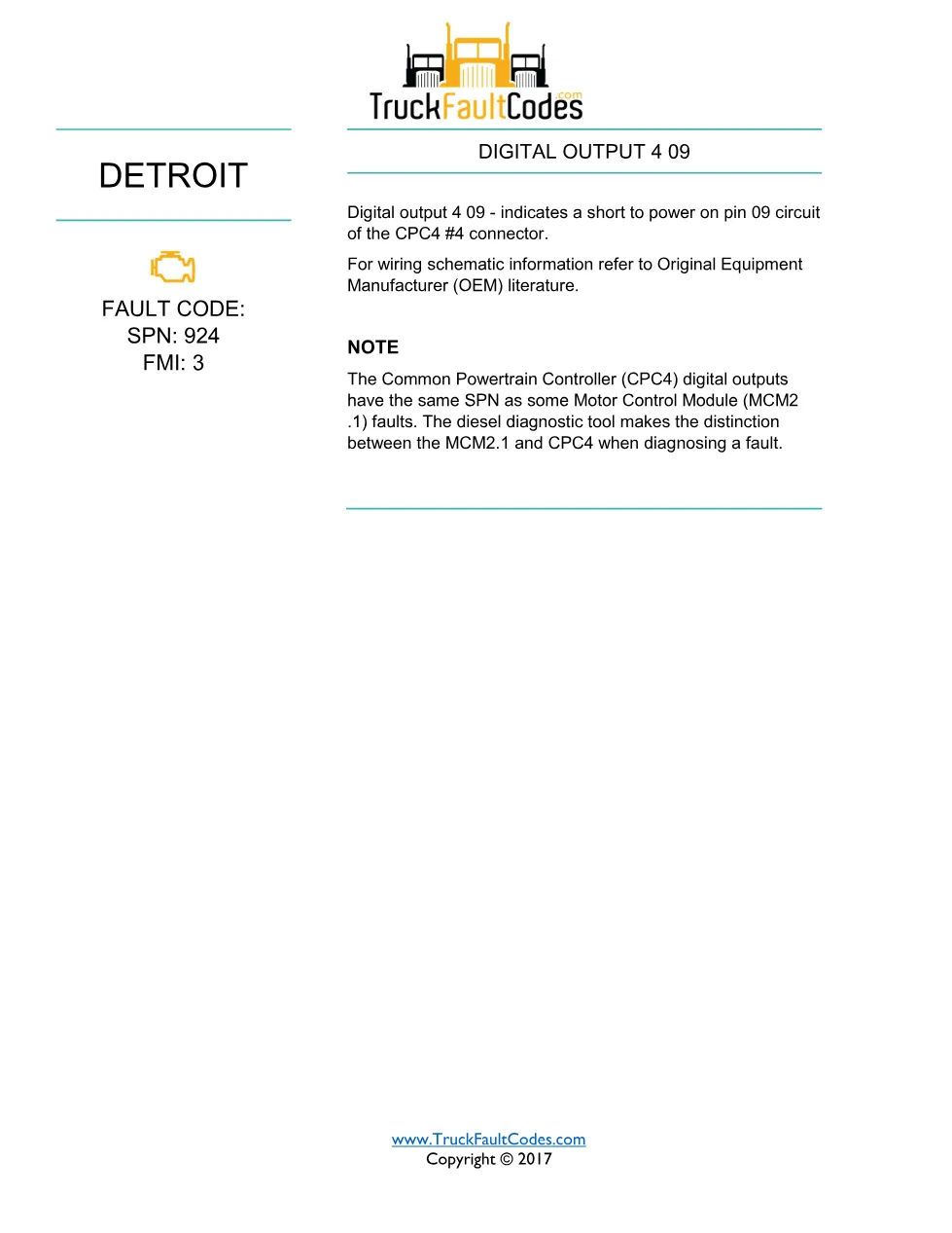 SPN 924 FMI 3 — Digital Output 4 09 Short to Power — Detroit DD - page 1 is available after signing in